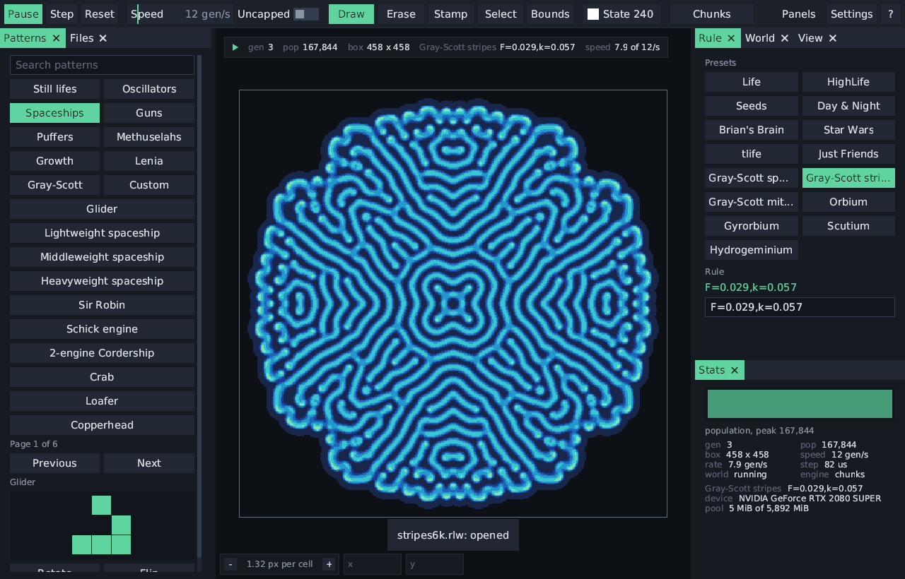 cellar running Gray-Scott stripes, with the pattern library, rule presets and statistics docked around the world